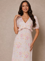 Short Sleeve Floral Printed Midi Dress in Pink