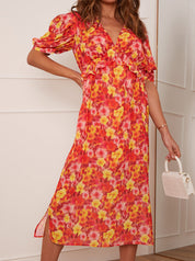 Short Sleeve Floral Printed Midi Dress in Orange