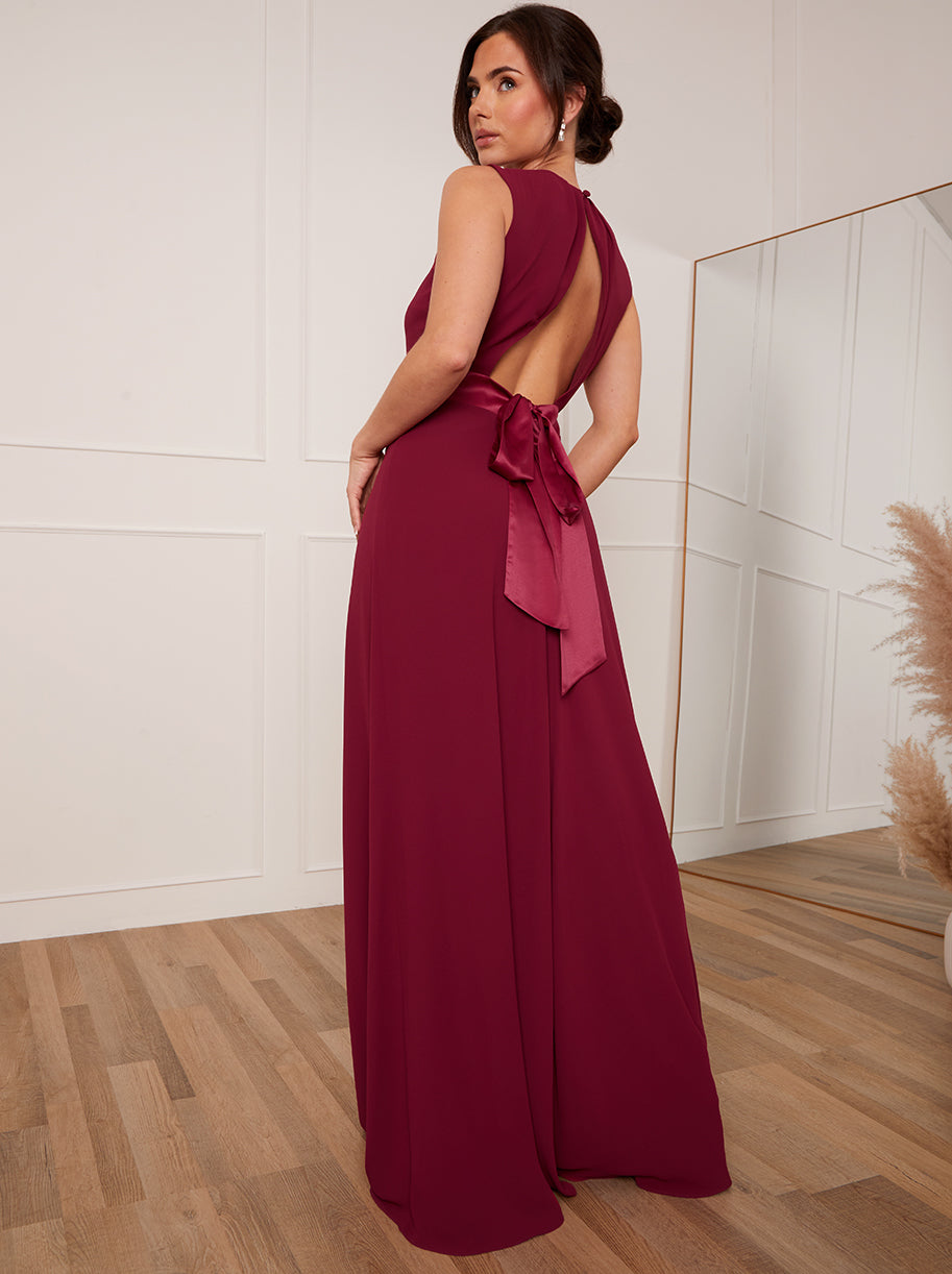 Petite Cut-Out Bow Back Maxi Dress in Wine