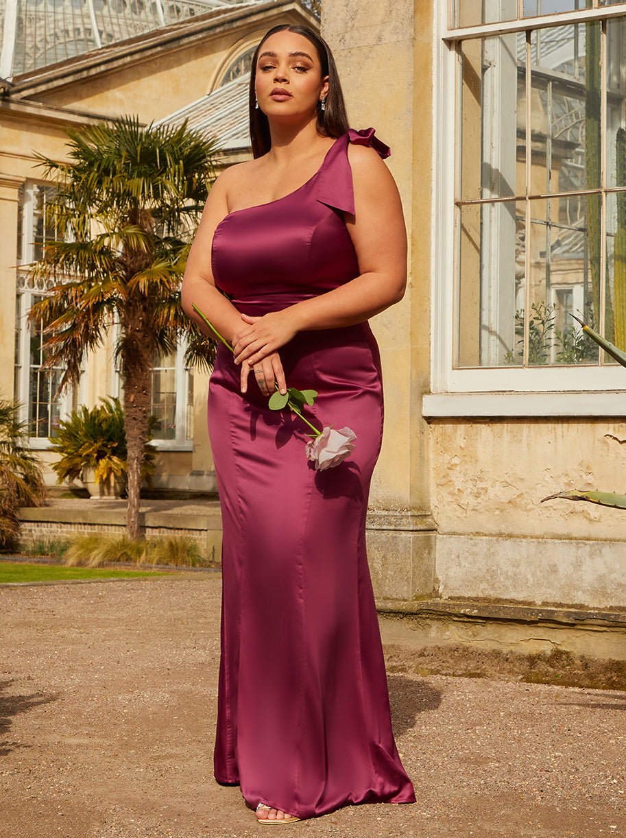 Plus Size One-Shoulder Satin Maxi Dress in Wine