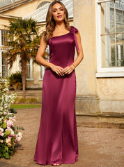 One-Shoulder Satin Maxi Dress in Wine