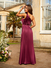 One-Shoulder Satin Maxi Dress in Wine