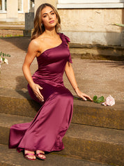 One-Shoulder Satin Maxi Dress in Wine