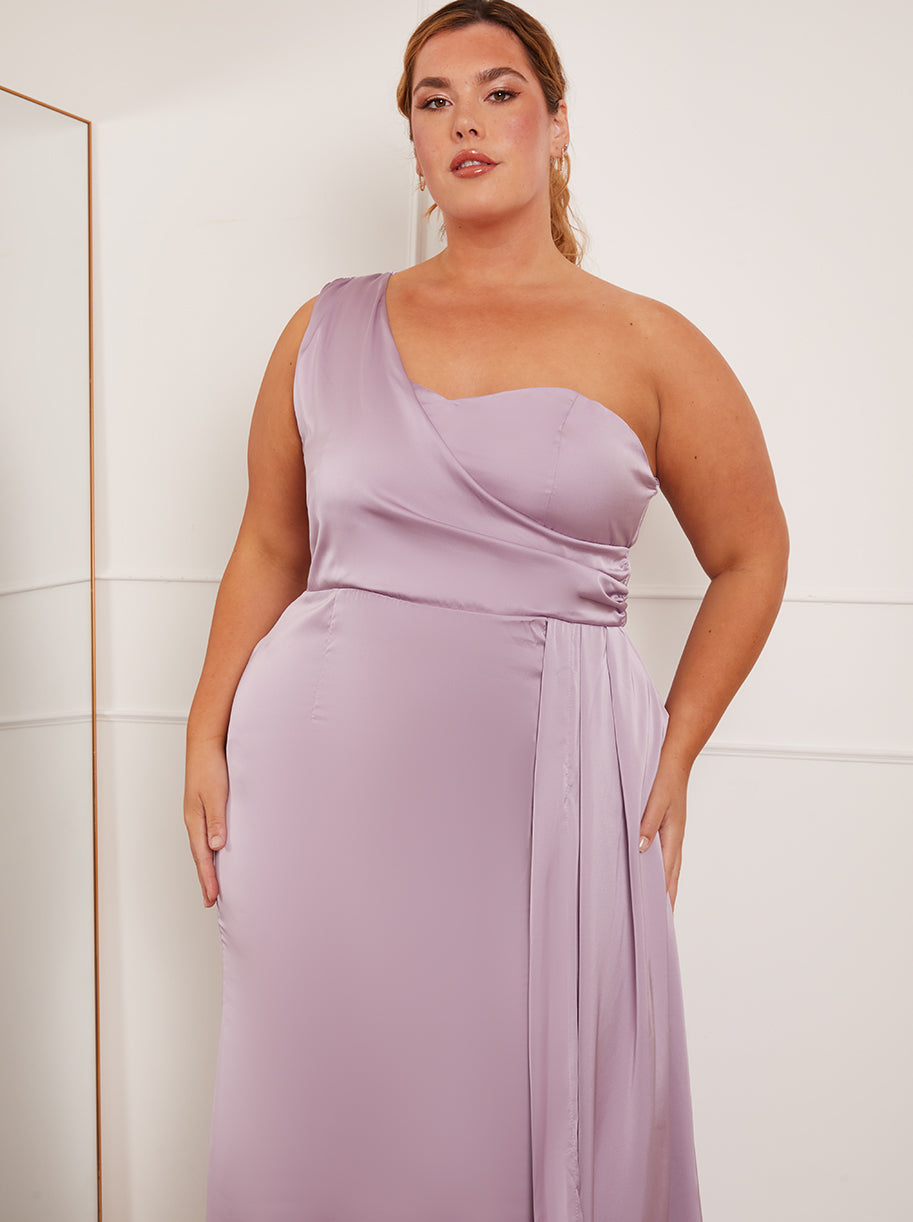 Chi Chi Plus Size One Shoulder Satin Maxi Dress in Lilac in Purple, Size 24