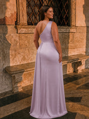 Plus Size One Shoulder Satin Maxi Dress in Lilac