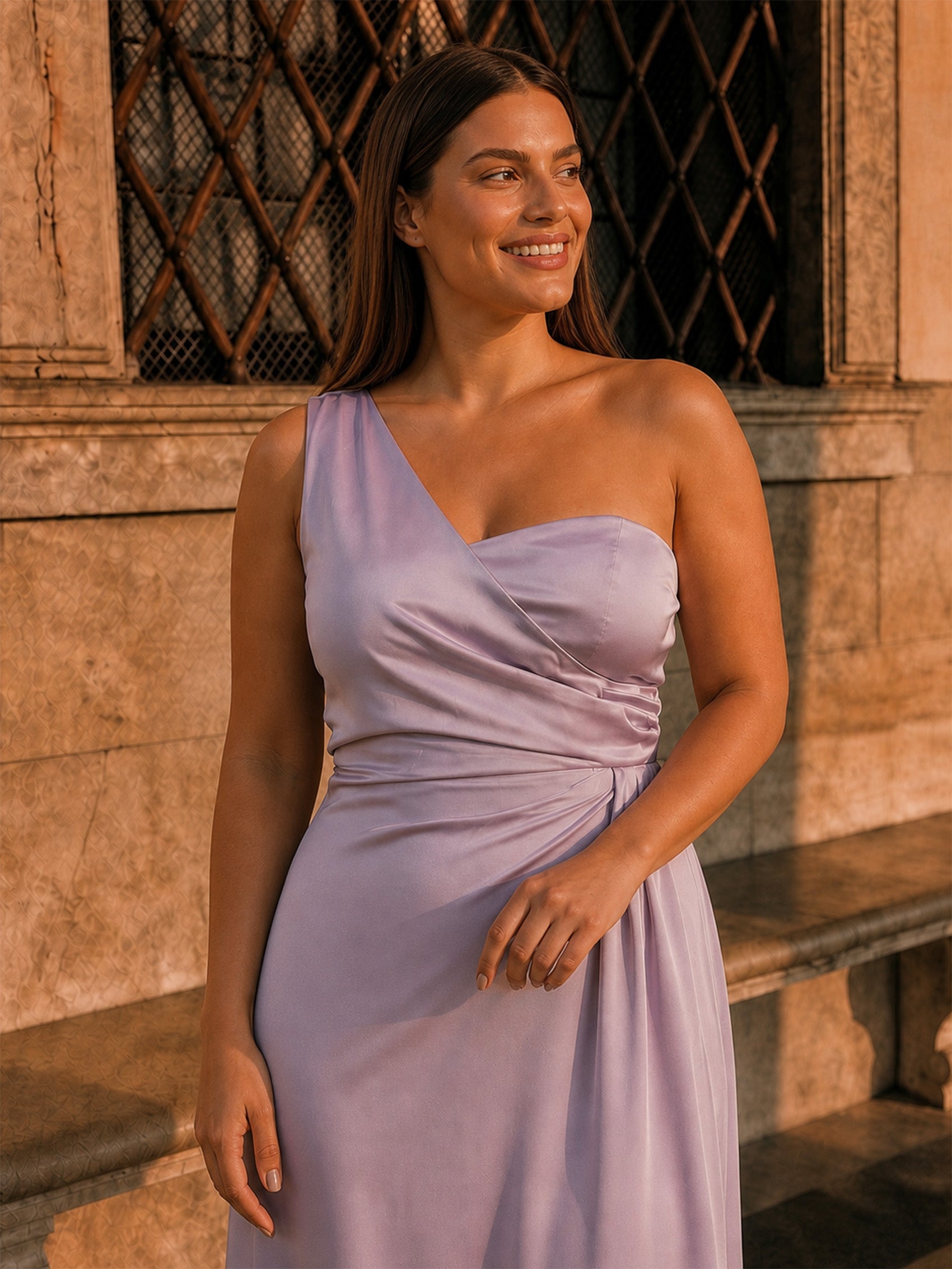 Plus Size One Shoulder Satin Maxi Dress in Lilac