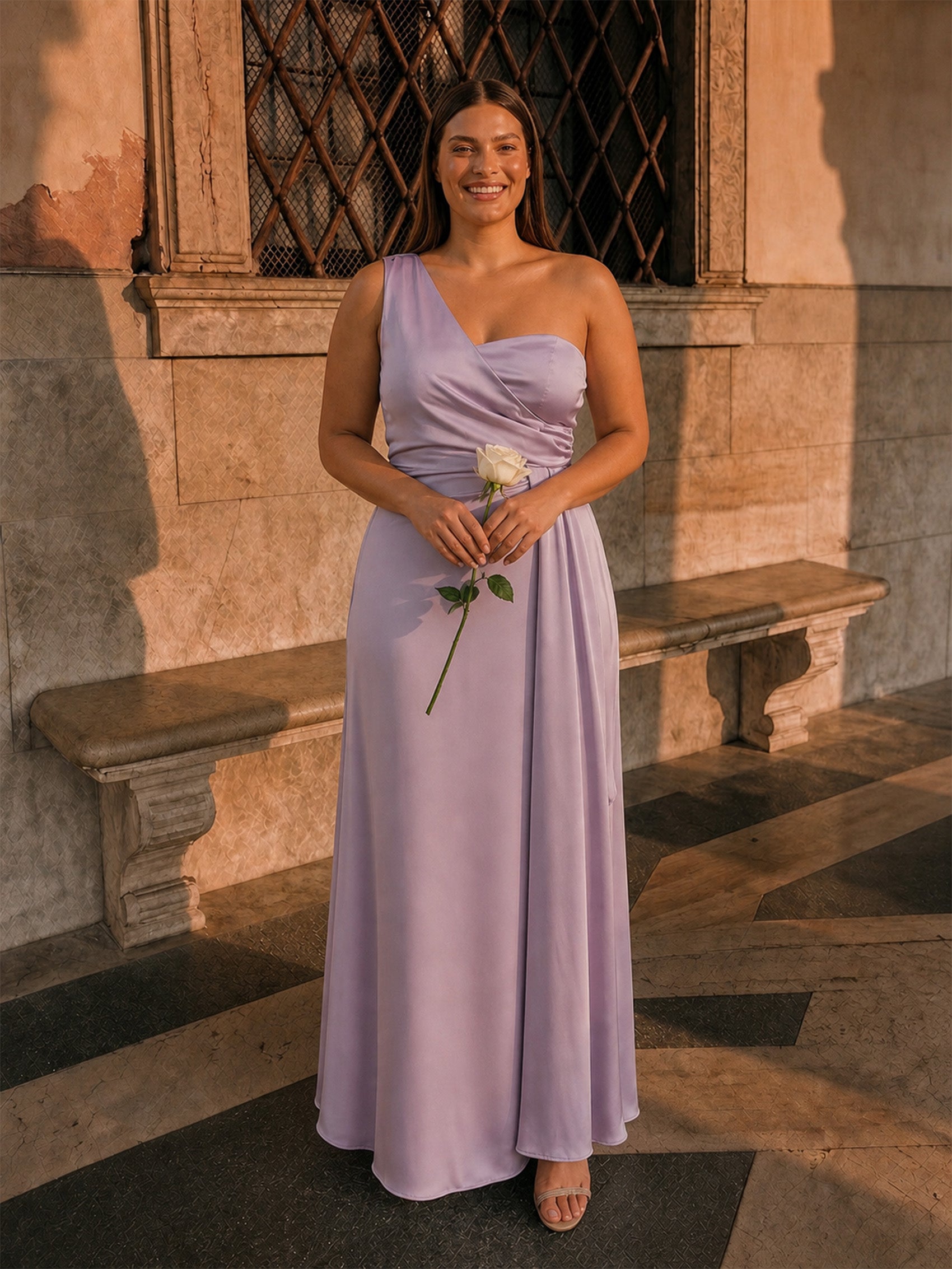 Chi Chi Plus Size One Shoulder Satin Maxi Dress in Lilac in Purple, Size 24