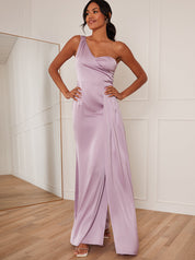One Shoulder Satin Maxi Dress in Lilac