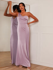 One Shoulder Satin Maxi Dress in Lilac