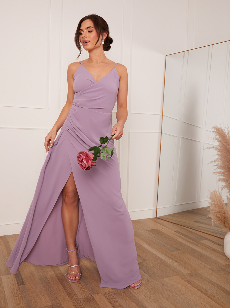 Petite Ruched Wrap Maxi Dress in Lilac | Chi Chi London UK Petite Ruched Wrap Maxi Dress in Lilac | Chi Chi London UK