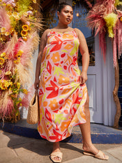 Plus Size Abstract Print Midi Slip Dress in Orange