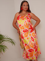 Plus Size Abstract Print Midi Slip Dress in Orange