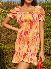 Ruffle Shirred Abstract Print Mini Dress in Orange