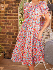 Cross Back Puff Sleeve Floral Midi Dress in Red