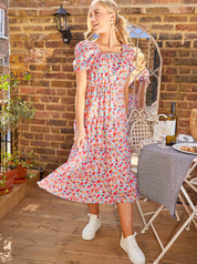 Cross Back Puff Sleeve Floral Midi Dress in Red
