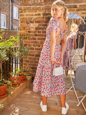 Cross Back Puff Sleeve Floral Midi Dress in Red