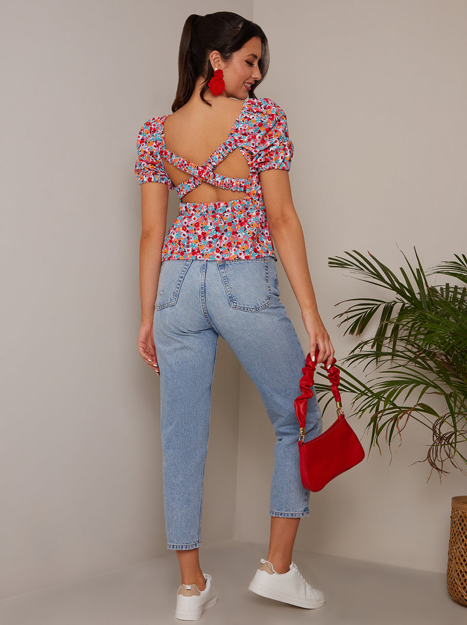 Cross Back Puff Sleeve Floral Top in Red