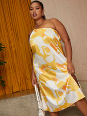 Plus Size One-Shoulder Abstract Print Midi Dress in Yellow