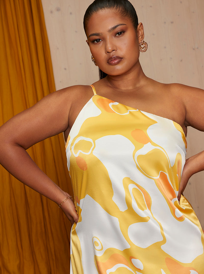 Plus Size One-Shoulder Abstract Print Midi Dress in Yellow
