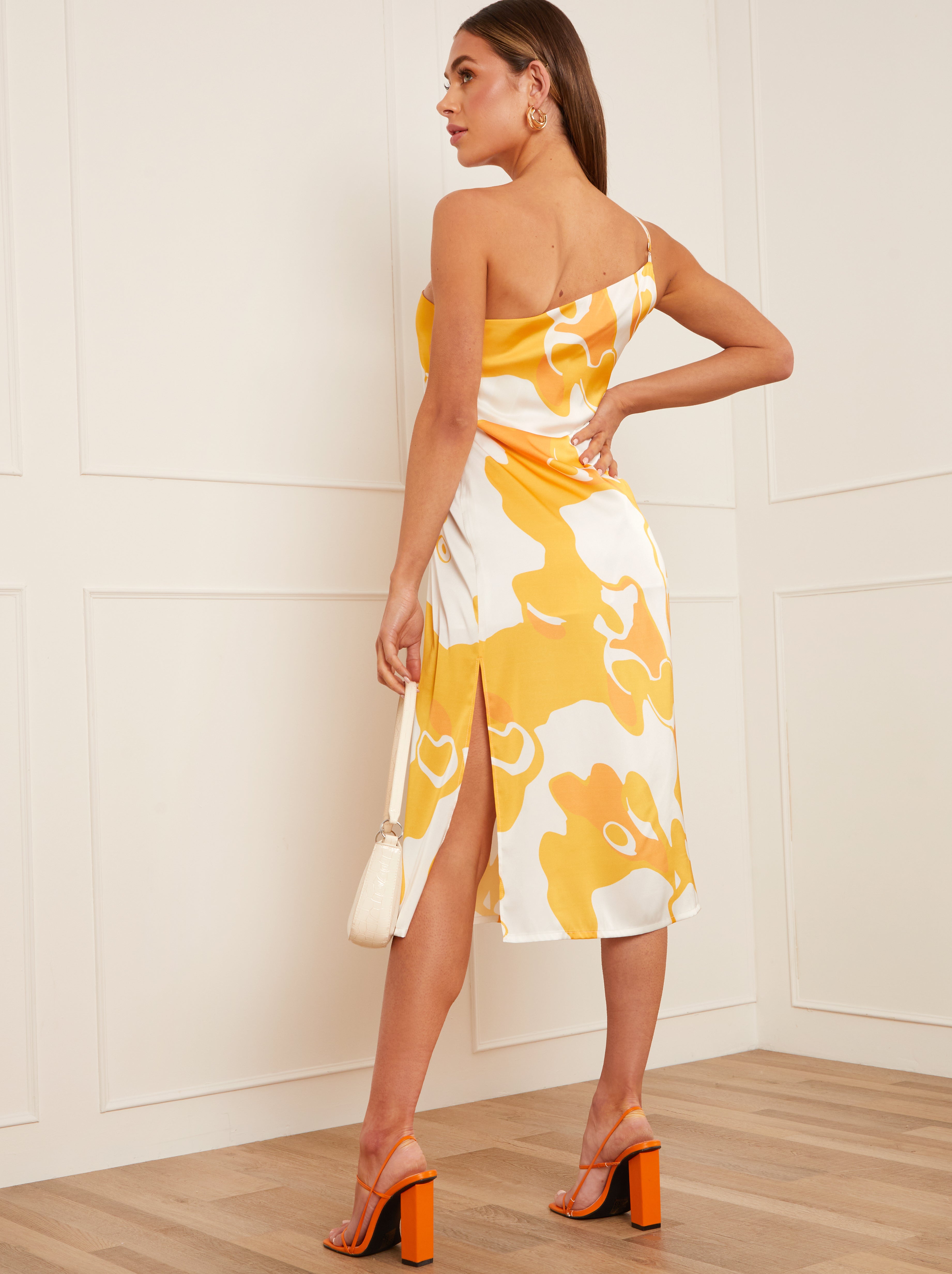 One-Shoulder Abstract Print Midi Dress in Yellow