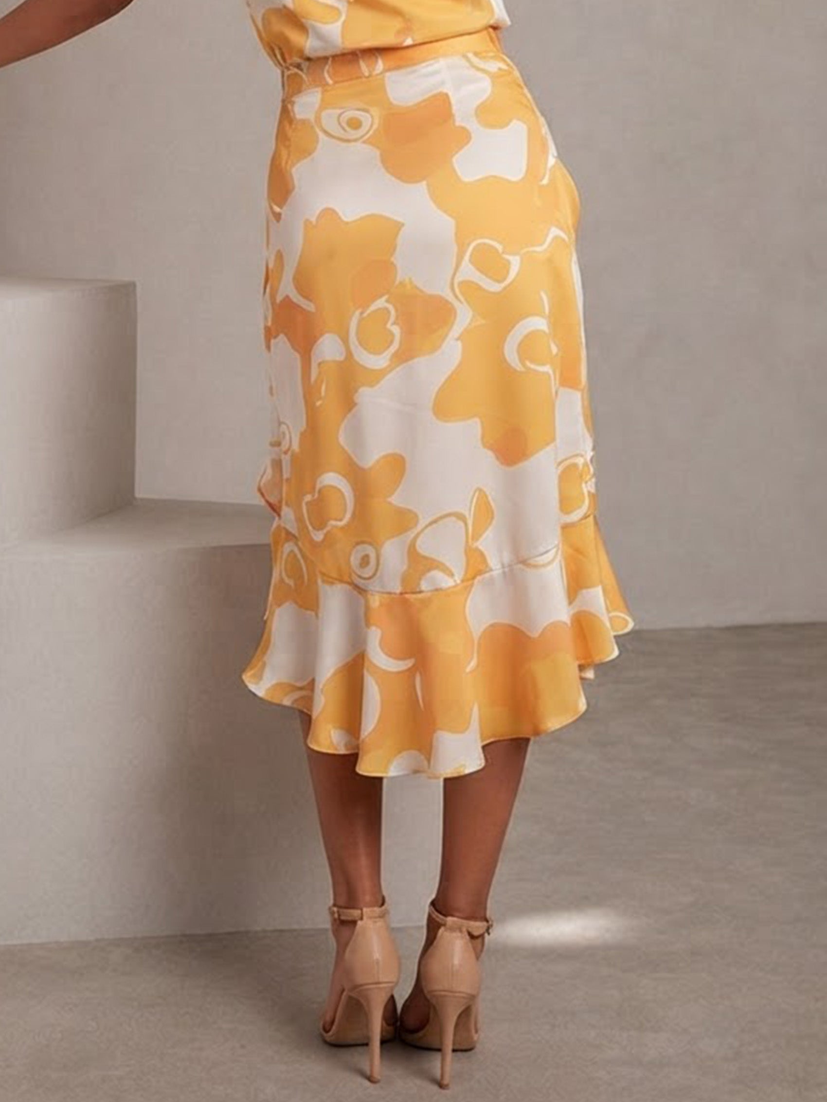 Ruffle Printed Wrap Midi Skirt in Yellow