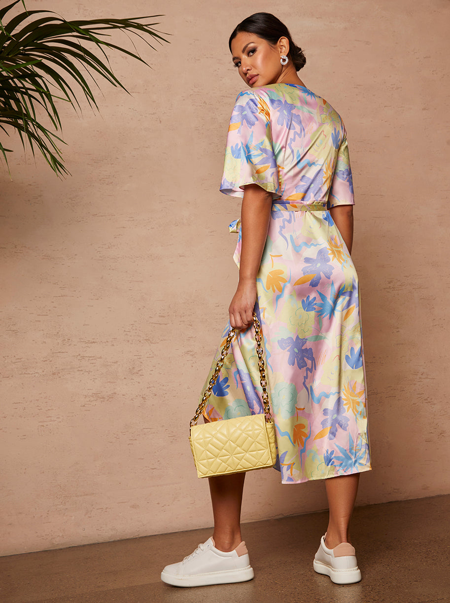 Wrap Front Leaf Print Midi Dress in Pink