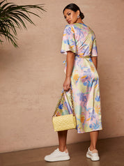Wrap Front Leaf Print Midi Dress in Pink