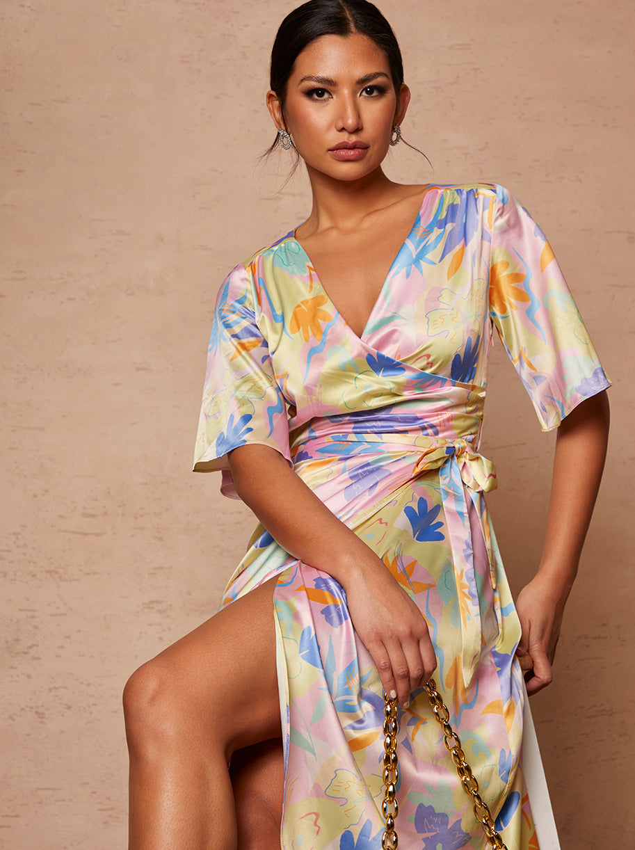 Wrap Front Leaf Print Midi Dress in Pink