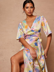 Wrap Front Leaf Print Midi Dress in Pink
