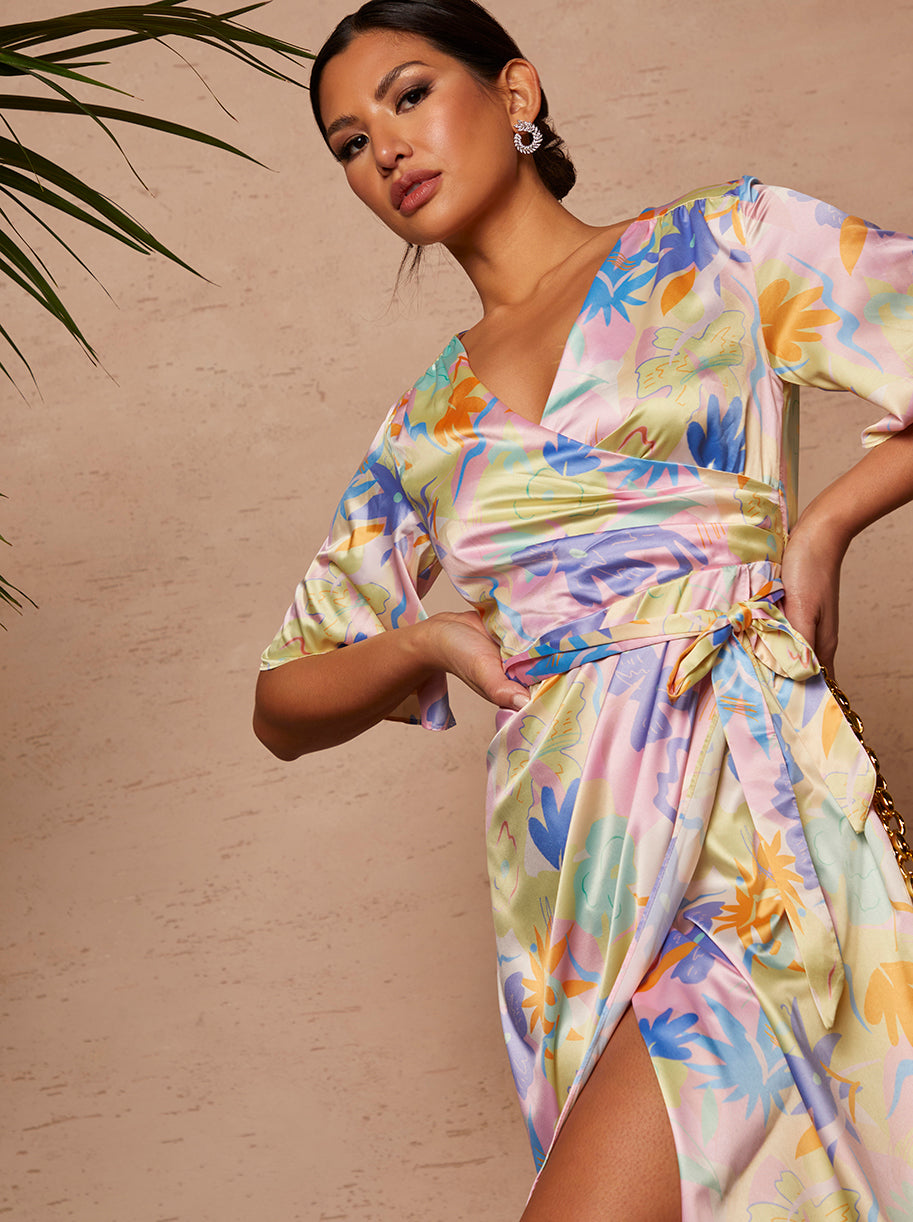 Wrap Front Leaf Print Midi Dress in Pink