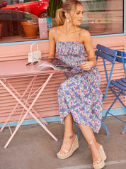 Floral Print Shirred Bodice Midi Dress in Blue