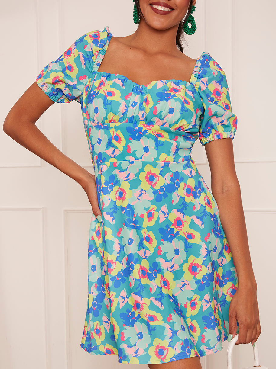 Puff Sleeve Floral Print Mini Dress in Green