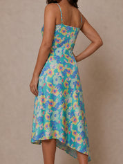 One-Shoulder Floral Asymmetric Hem Midi Dress in Green