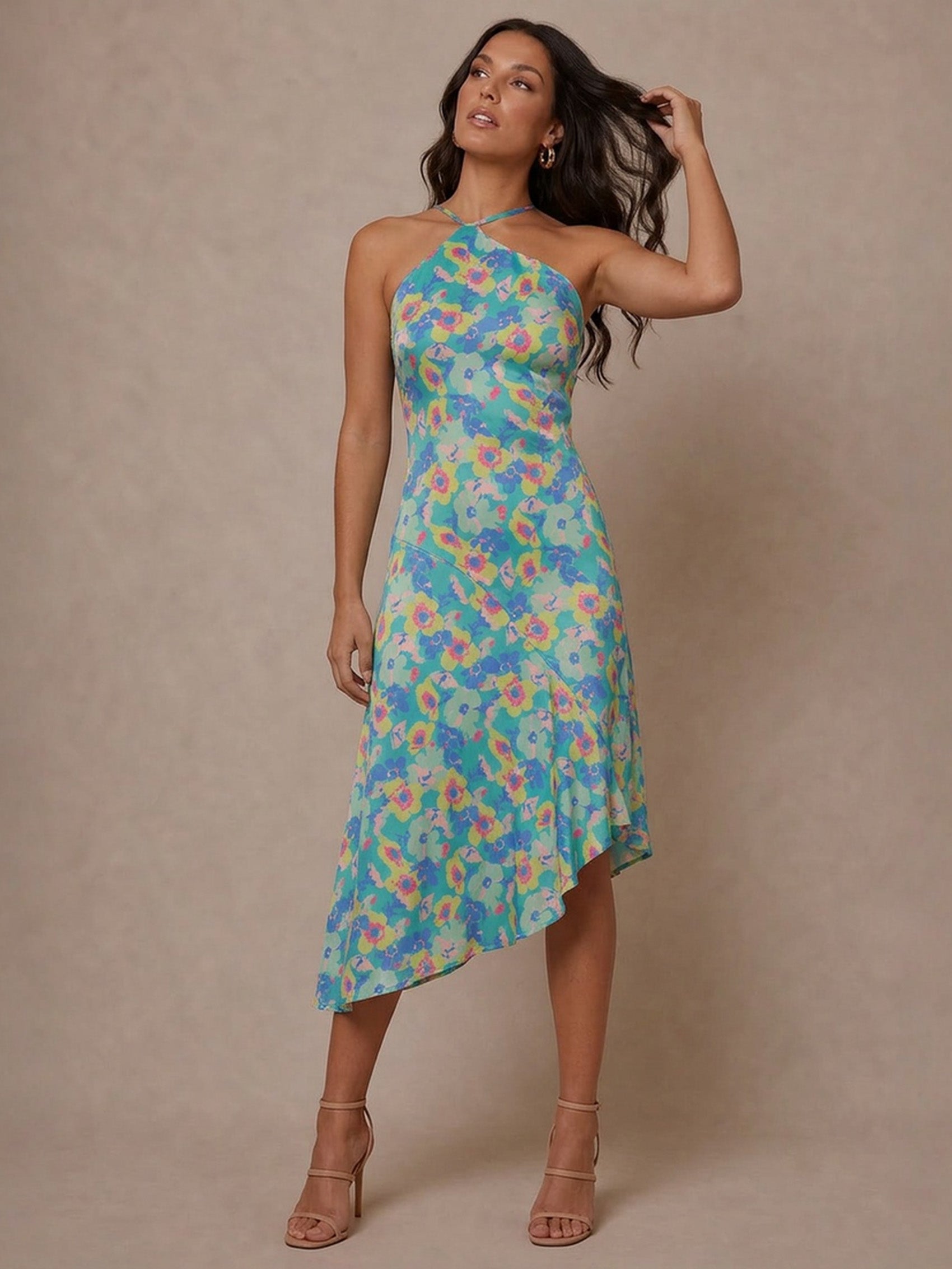 One-Shoulder Floral Asymmetric Hem Midi Dress in Green | Chi Chi