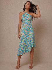 One-Shoulder Floral Asymmetric Hem Midi Dress in Green