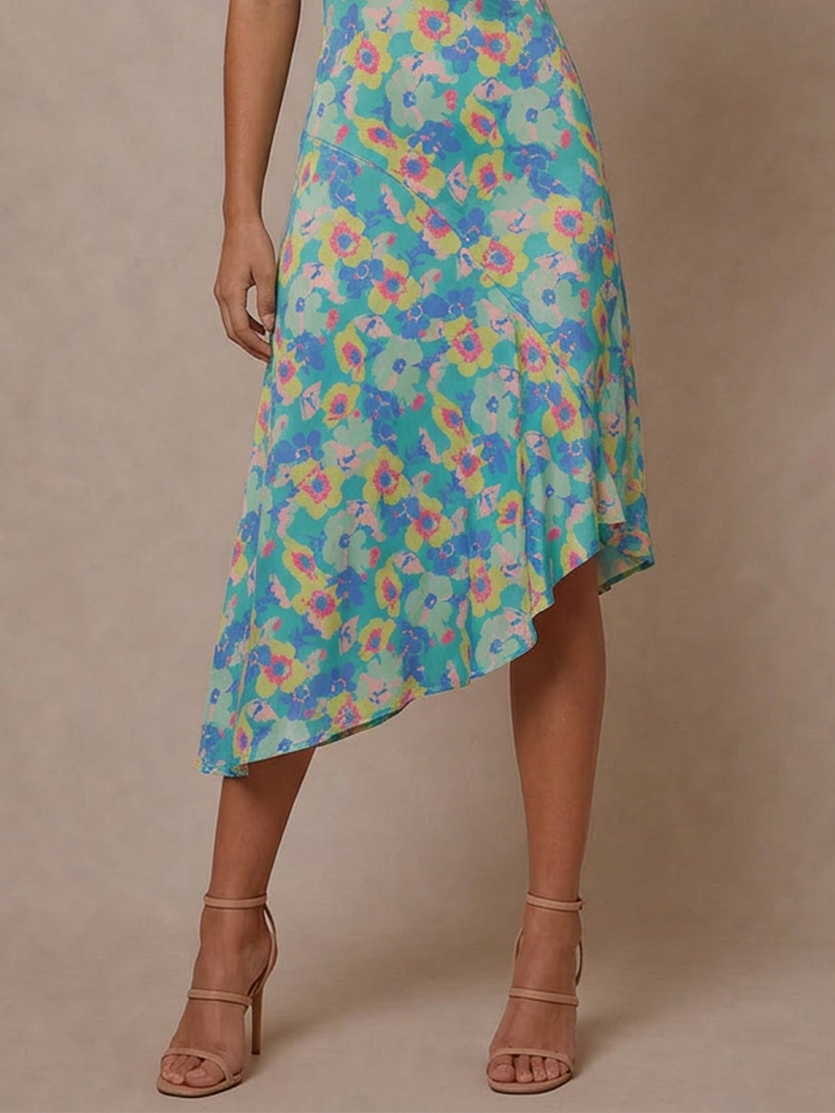One-Shoulder Floral Asymmetric Hem Midi Dress in Green