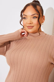 High Neck Variegated Rib Knit Midi Dress