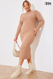 High Neck Variegated Rib Knit Midi Dress