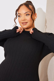 High Neck Variegated Rib Knit Midi Dress