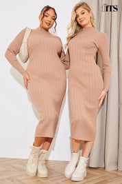 High Neck Variegated Rib Knit Midi Dress