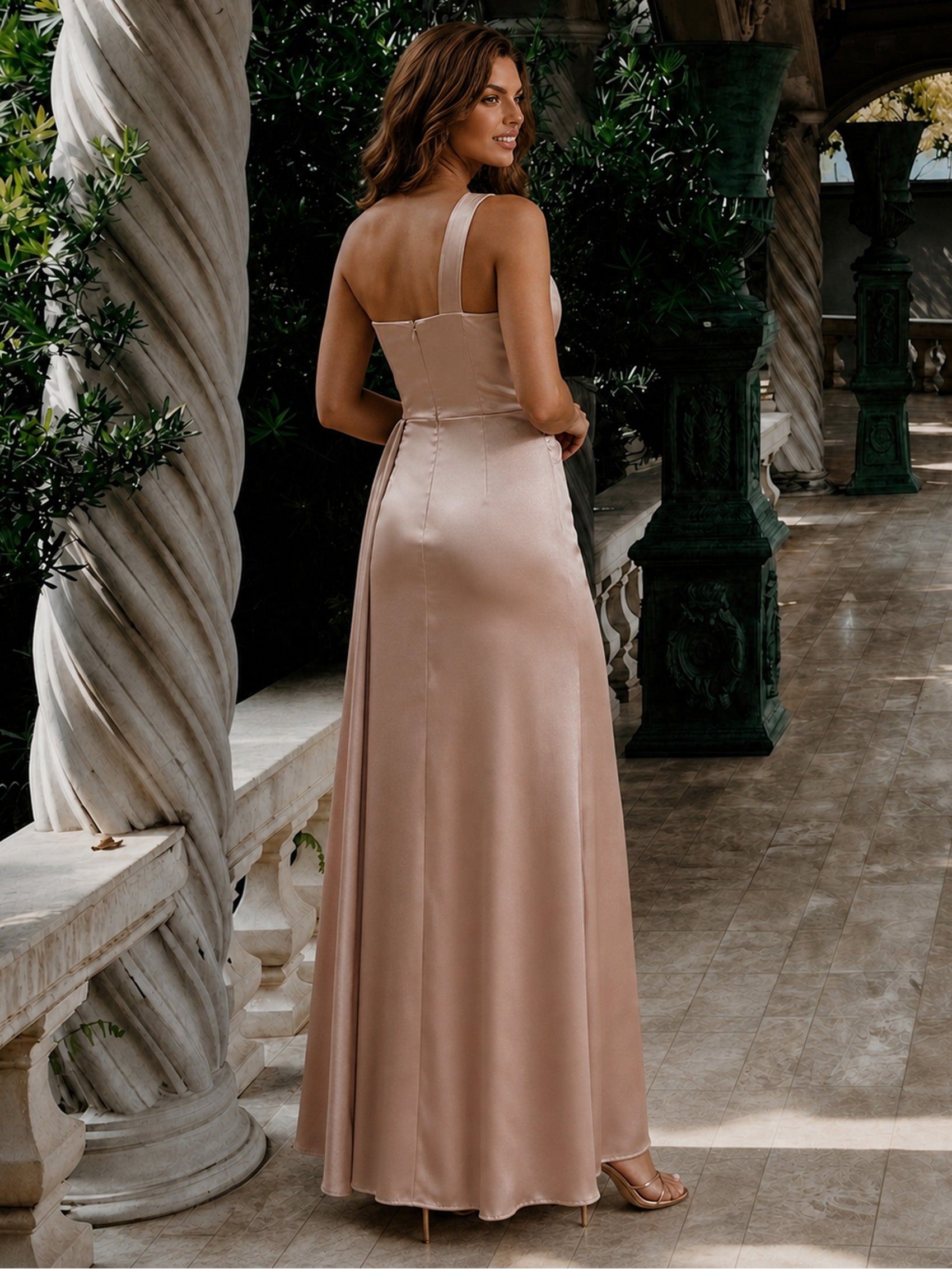 One Shoulder Satin Finish Maxi Dress in Champagne