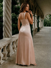 Petite One Shoulder Satin Finish Maxi Dress in Champagne