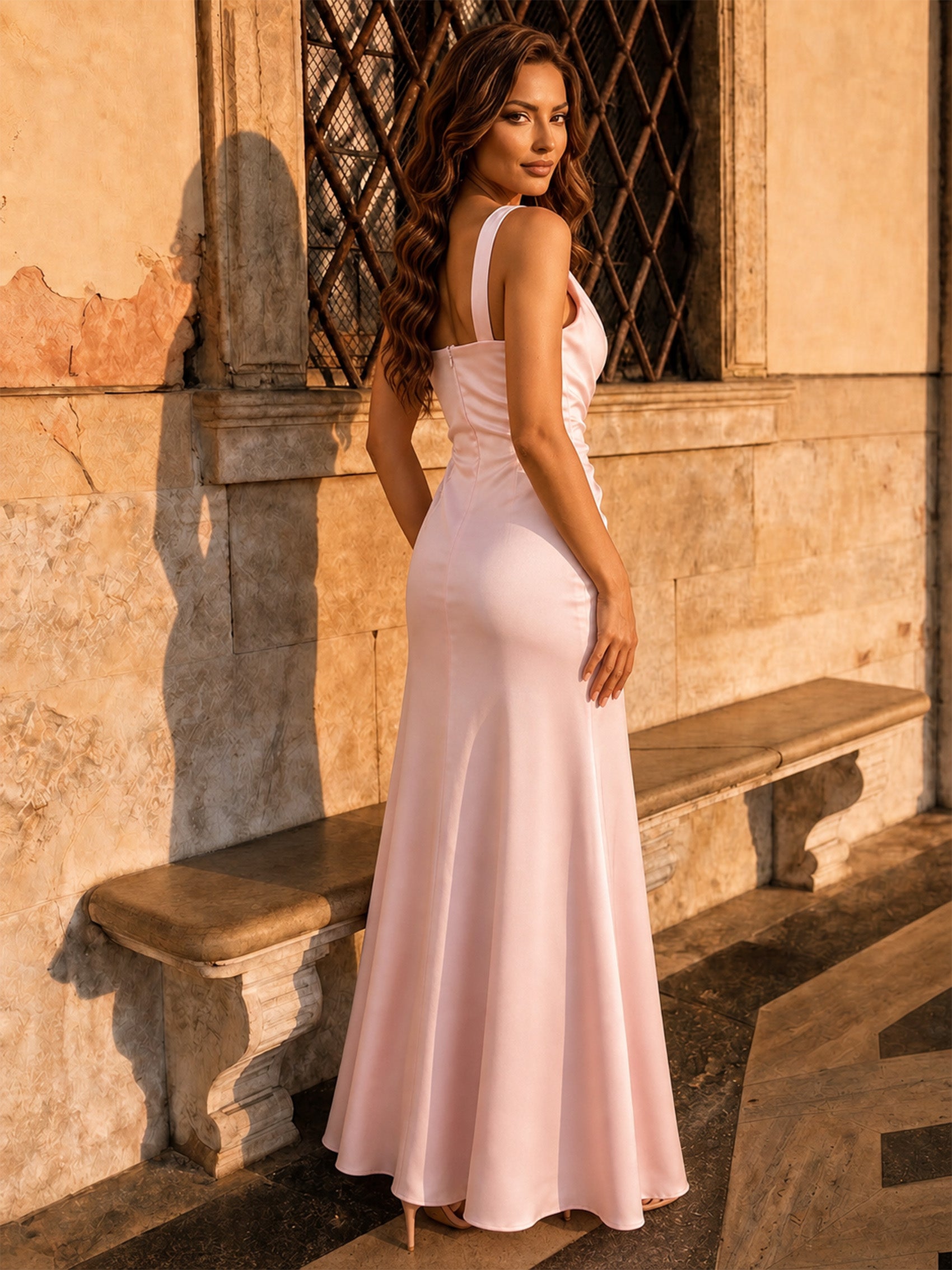 One Shoulder Satin Finish Maxi Dress in Blush Pink