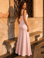 One Shoulder Satin Finish Maxi Dress in Blush Pink