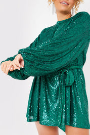 Sequin Belted Balloon Sleeve Mini Dress
