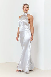In The Style Silver Liquid Satin Halterneck Split Detail Maxi Dress