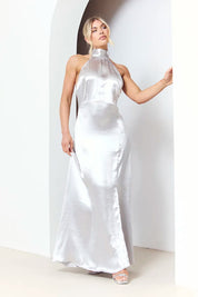 In The Style Silver Liquid Satin Halterneck Split Detail Maxi Dress