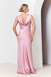 In The Style Rose Pink Satin Cowl Back Maxi Dress