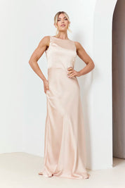 In The Style Light Gold Satin Cowl Back Bridesmaids Maxi Dress 