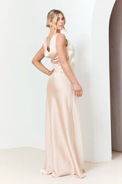 In The Style Light Gold Satin Cowl Back Bridesmaids Maxi Dress 
